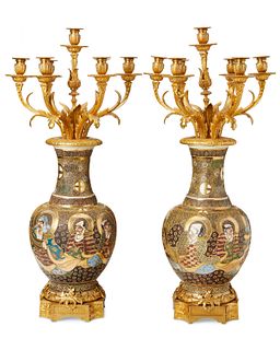 A pair of Satsuma-style porcelain and gilt-bronze candelabra
