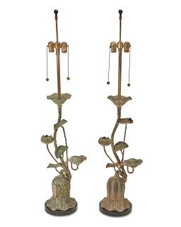 A pair of Marbro Lamp Co. brass lotus table lamp bases