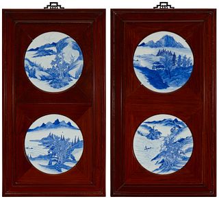 A pair of framed Chinese blue and white porcelain plates