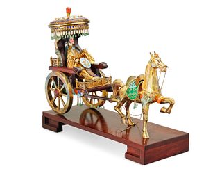 A Chinese enameled brass sculpture of a horse and carriage