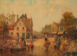 Dennis Ainsley (1880-1952), Flower market, Oil on canvas, 26" H x 36" W