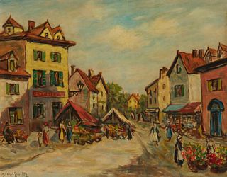 Dennis Ainsley (1880-1952), "Rouen Flower Market," Oil on canvas, 30" H x 37" W x 2.5" D