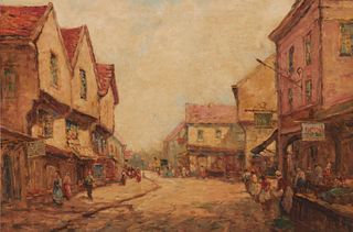 Dennis Ainsley (1880-1952), "The Shambles, York," Oil on canvas, 24" H x 36" W