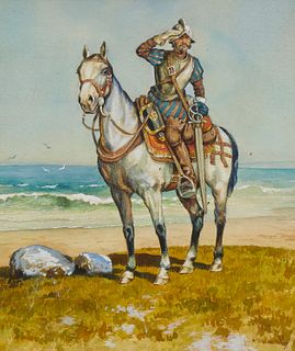 Konstantin Konstantinovich Kuznetsov (1895-1980)+), A knight on horseback, Watercolor on paper, Sight: 19.375" H x 15.25" W