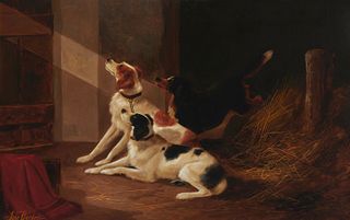 In the style of John Barker (1811-1886), Three dogs waiting, Oil on canvas laid to canvas, 24" H x 36" W