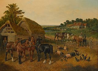 John Frederick Herring, Sr. (1795-1865), "Farmstead at Dorchester," Oil on canvas, 27" H x 36" W