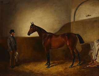 John Arnold Alfred Wheeler (1821-1903), Horse and gentleman in a stable, 1876, Oil on canvas laid to canvas, 22" H x 30.5" W