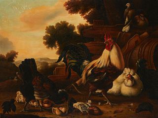 In the style of Francis Barlow (1626-1704), Still life of a rooster, chickens, and pigeons, Oil on canvas, 35.5" H x 47" W