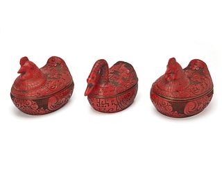 Three Chinese carved cinnabar avian boxes