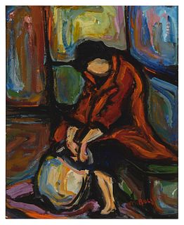 Maxim Bugzester (1910-1978), Woman on a bench, Oil on Masonite, 10" H x 8" W