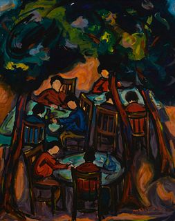 Maxim Bugzester (1910-1978), Abstract dining room, Oil on Masonite, Sight: 24.25" H x 19.125" W