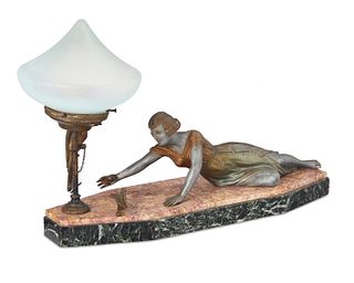 An Art Deco figural spelter and marble table lamp, Circa 1920s-30s