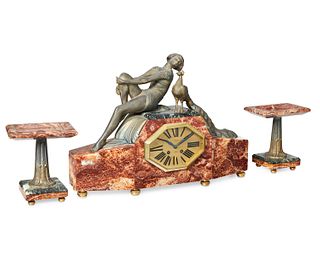 A French Art Deco clock and garniture set