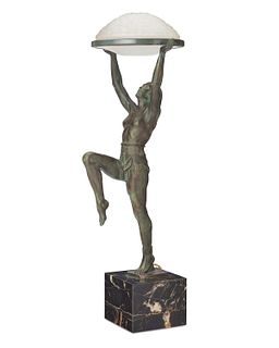 A Max Le Verrier figural bronze and marble table lamp