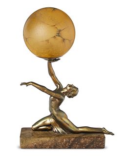 An Art Deco figural spelter and marble table lamp