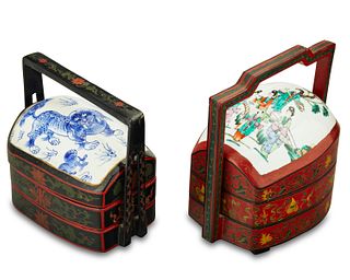 Two Chinese lacquer and porcelain stacking boxes/food carriers