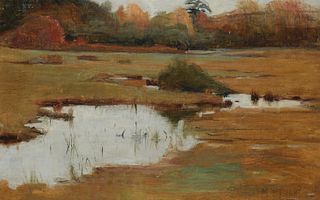 Late 19th/early 20th Century American School, Small stream in a serene landscape, Oil on waxed canvas, 8.25" H x 12" W