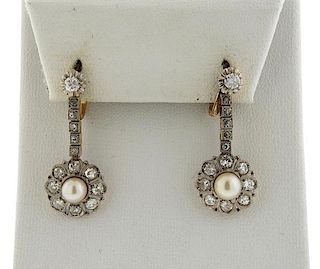 Art Deco 18K Gold Diamond Pearl Dangle Earrings