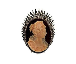 Antique Carved Coral Diamond Cameo 18K Gold Brooch