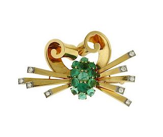 Trabert &amp; Hoeffer Mauboussin 14K Gold Diamond Emerald Brooch
