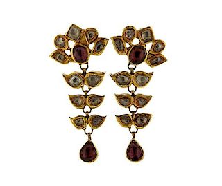 18k Gold Rose Cut Diamond Tourmaline Enamel Earrings