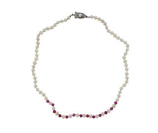 Sterling Silver Ruby Pearl Bead Necklace