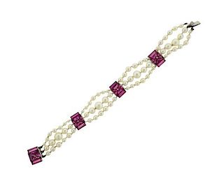 14k Gold Pearl Ruby Bracelet