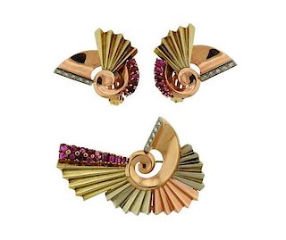 Retro 14k Gold Diamond Ruby Brooch Earrings Set