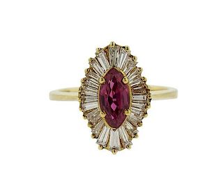 14K Gold Diamond Red Stone Cluster Ring