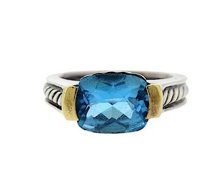 David Yurman Sterling Silver 18K Gold Blue Topaz Ring