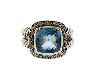 David Yurman Albion Sterling Diamond Blue Topaz Ring