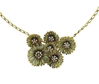 18K Gold Plique a Jour Enamel Diamond Flower Necklace