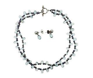 Mish 18K Gold Pearl Aquamarine Necklace Earrings Set