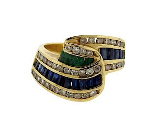 14K Gold Diamond Emerald Sapphire Wave Band Ring