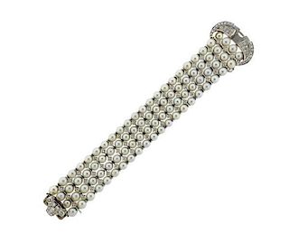 14K Gold Diamond Pearl 4 Row Bracelet