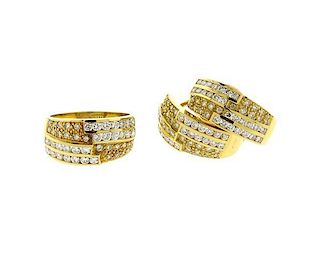 18K Gold Diamond Band Ring Half Hoop Earrings Set