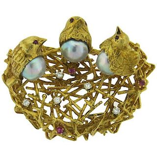 18k Gold Pearl Ruby Diamond Bird Nest Brooch Pin