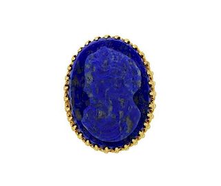 Large 14K Gold Carved Lapis Cameo Ring