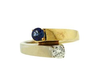 14K Two Tone Gold Diamond Sapphire Bypass Ring