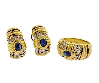 18K Gold Diamond Ruby Sapphire Earrings Ring Set