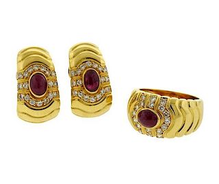 18K Gold Diamond Ruby Earrings Ring Set