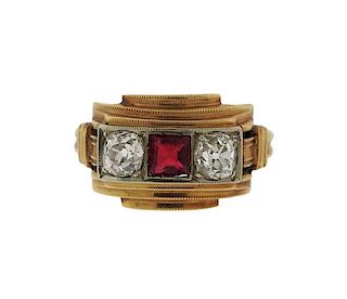 Antique 14K Gold Diamond Red Stone Ring