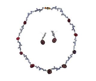 Kanaris Sterling Silver Tanzanite Star Ruby Necklace Earrings Set