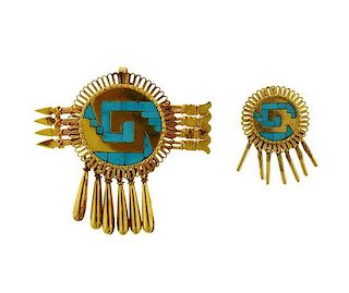 14K Gold Turquoise Mexican Aztec Arrow Brooch Pendant Lot