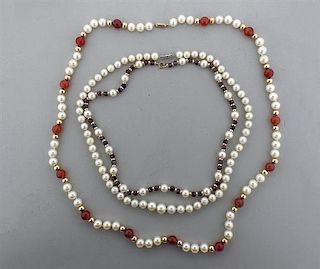 14K Gold Gemstone Pearl Necklace Lot of 3