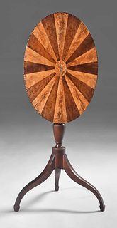 An Exceptional Boston Federal Figured Satinwood and Mahogany Inlaid Tilt Top Candle Stand