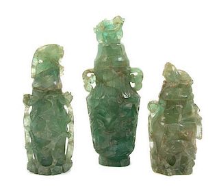 Three Chinese Carved Quartz Vases and Covers, Height of tallest overall 13 inches.