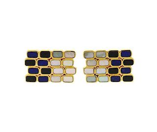 18K Gold Lapis Onyx Mother of Pearl Inlay Cufflinks