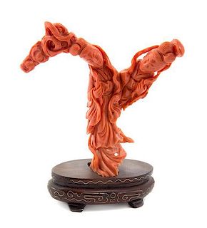 A Chinese Carved Coral Figural Group, Height 4 1/4 inches.