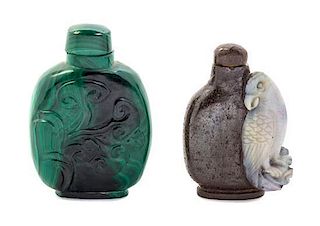 Two Carved Stone Snuff Bottles, Height of taller 2 1/4 inches.